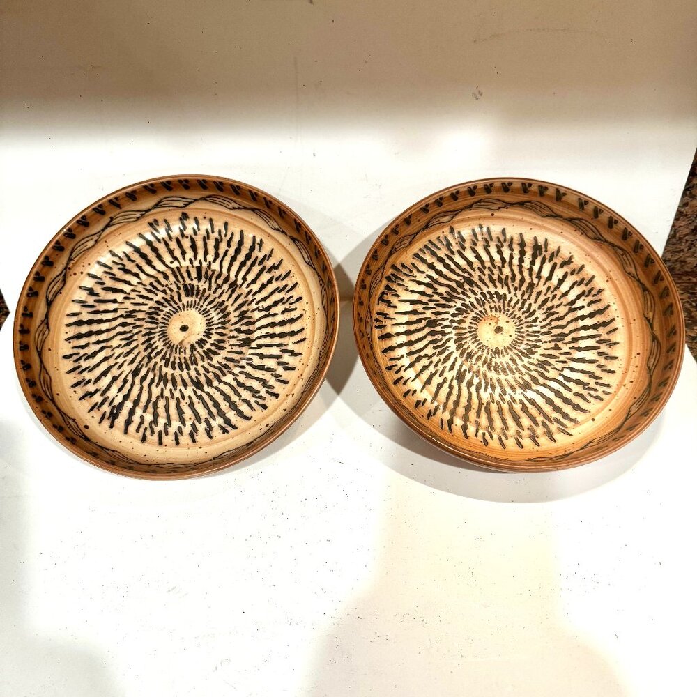 Urban Outfitters Retro Wave Ceramic Bowl Tan Brown Set 2 Handmade 8x8x1.5" D
